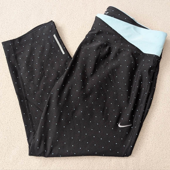 Nike Running Dri-Fit Micro Polka Dot Capri Leggings Black/Mint Women's Size L - Picture 1 of 16